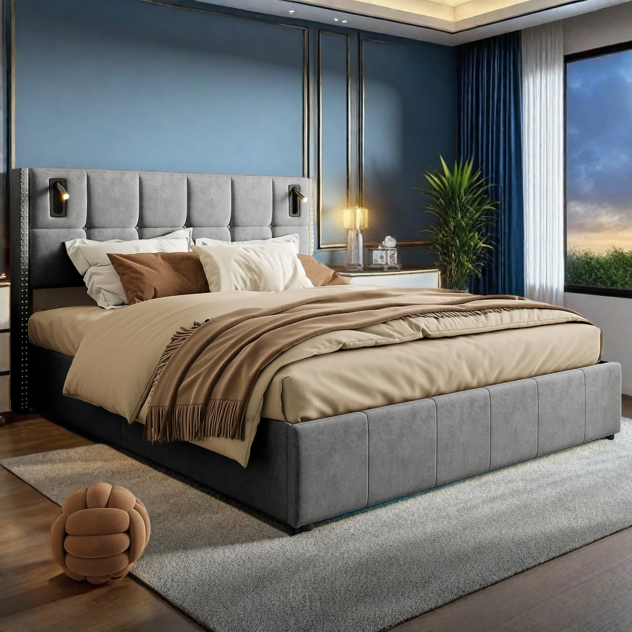 Base de Cama Elevable con Acolchado y Presión de Gas Anajqaqia, 140x200 x 160x200 mm, Cabecero Decorado con Remaches, Lámpara de Lectura Beige/Gris
