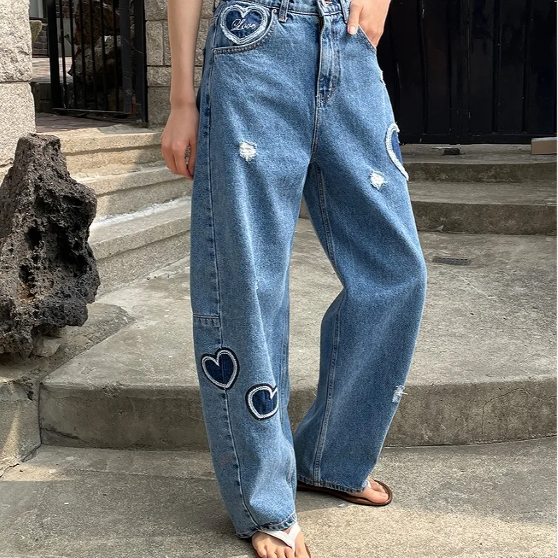 

Retro Style Heart Shaped Patchwork Loose Fit Arcuate Jeans High Waist Casual Cotton Denim Fashionable Korean Design