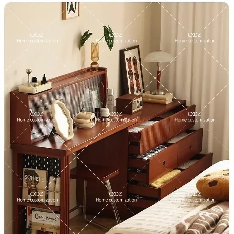 Medieval Solid Wood Makeup Table Dresser Integrated Cabinet Retro Style Chest for Small Apartment Bedroom Corner End of Bed