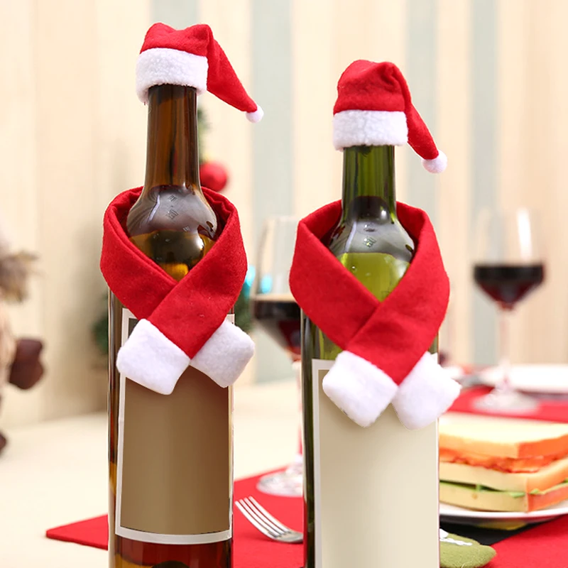 1Set Christmas Wine Bottle Cover Christmas Decorations Scarf Santa Hats Tableware Bags Xmas Party Dinner Table Decor Accessories