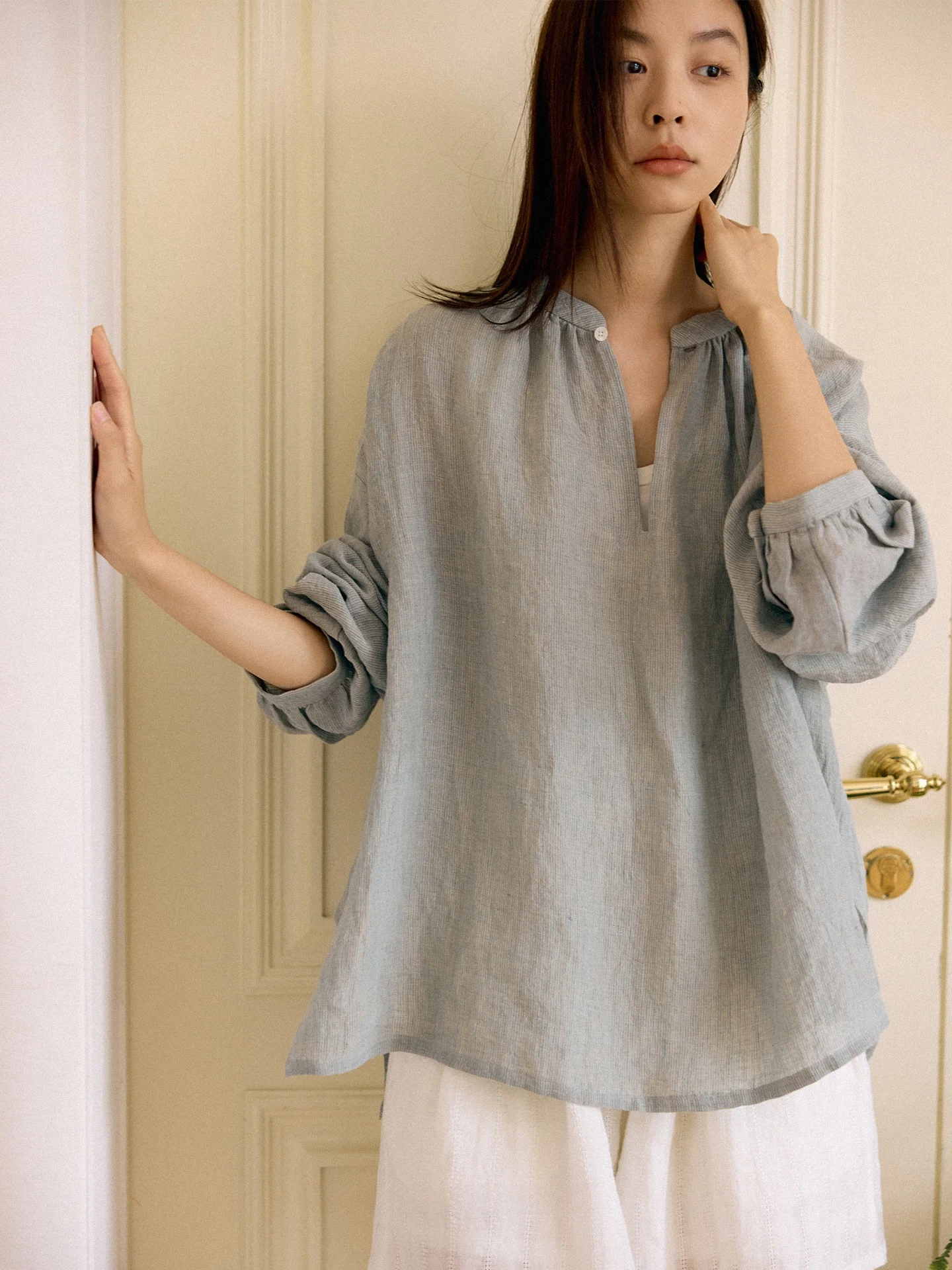 

Niai 00 Colors Woven Linen Tooti Strips oulder Drop Long Sve Sun Protection irt round Ne Button Closure Loos...