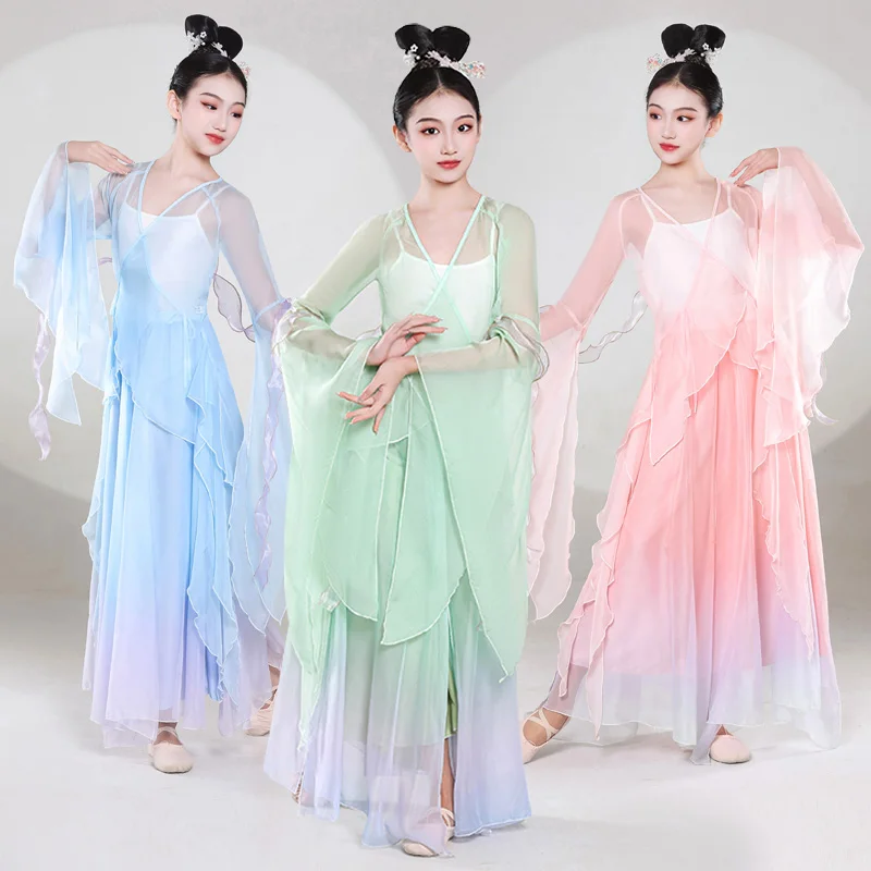 

Детские классические танцевальные костюмы для девочек, элегантные китайские танцевальные костюмы для тела, шифоновая марля с постепенным изменением