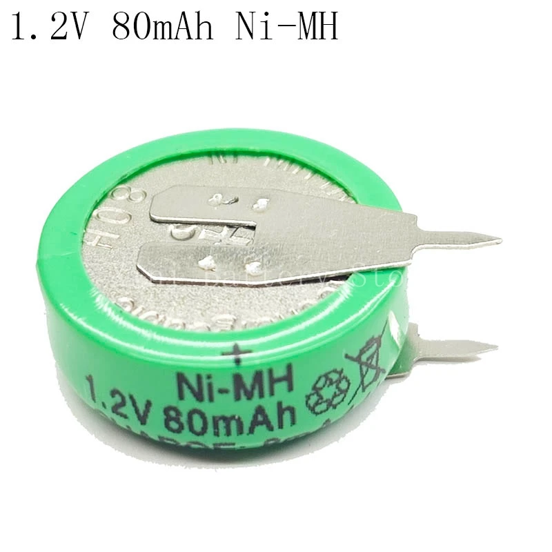 1PCS/LOT1.2V80mAhNi-MHWithPinsNiMHBatteriesRechargeableButtonCellBatteryForTimer