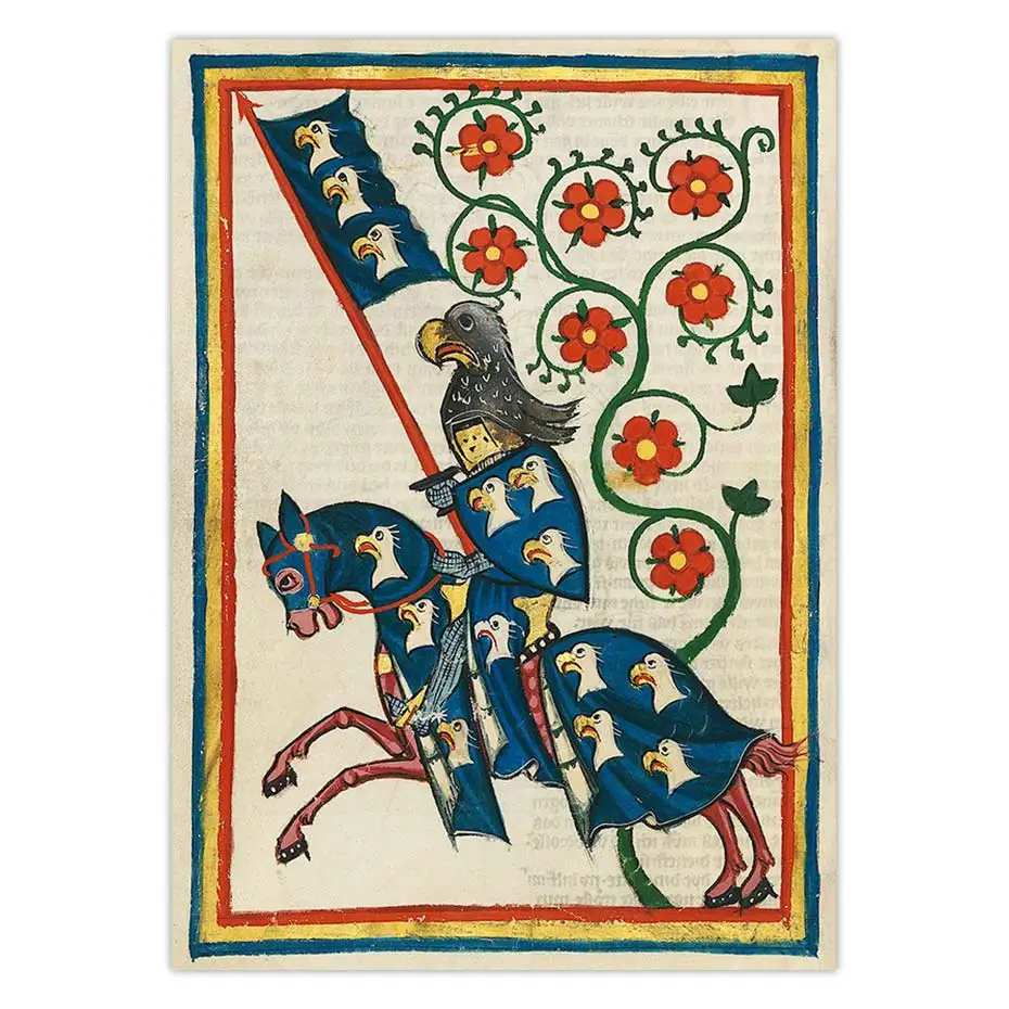 Medieval Knight on Horseback Wall Art Canvas Print Poster Codex Manesse Illuminated Manuscript Chivalric Gothic Home Decoration