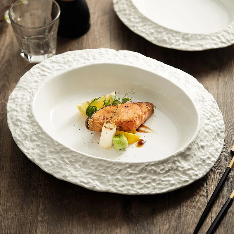 Rock-patterned ceramic plate home deep dish plate creativity Hotel restaurant tableware high sense white plate soup plate