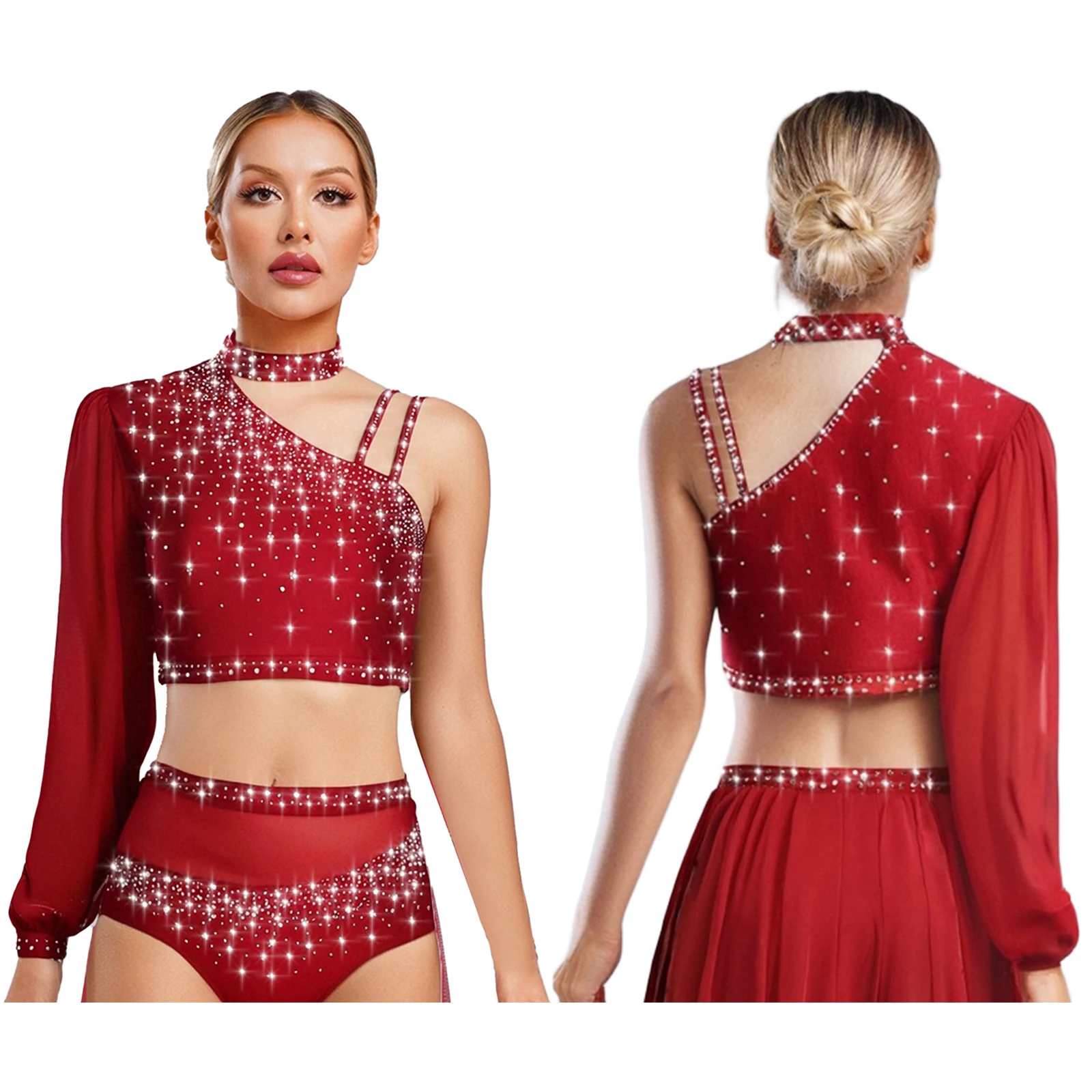 

Women Shiny Rhinestones Latin Modern Dancing Costume Halter Mesh Crop Tops Or Dance Skirted Shorts for Salsa Samba Belly Dance