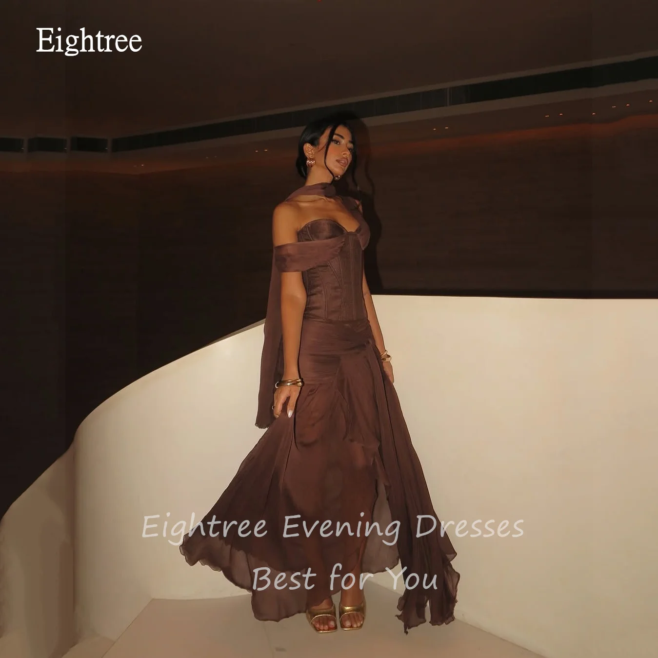 Eightree Sexy Brown Off The Shoulder A Line Prom Gowns Sweetheart Neck With Scarf Party Gown Long Evening Dress Customized