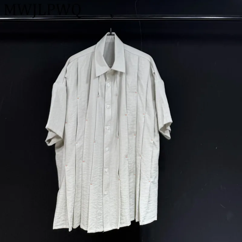 

MWJLPWQ Trendy Lapel Men's Mid-Sleeve Shirt Summer Cotton-Linen Pleated Design Turn-Down Collar Casual Versatile Tops 16074