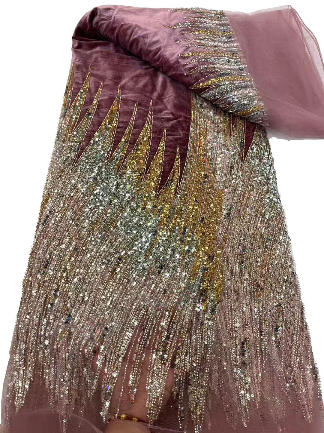 

High-quality velvet sequin gown, premium beaded velvet fabric, luxurious evening dress design / 5 yards