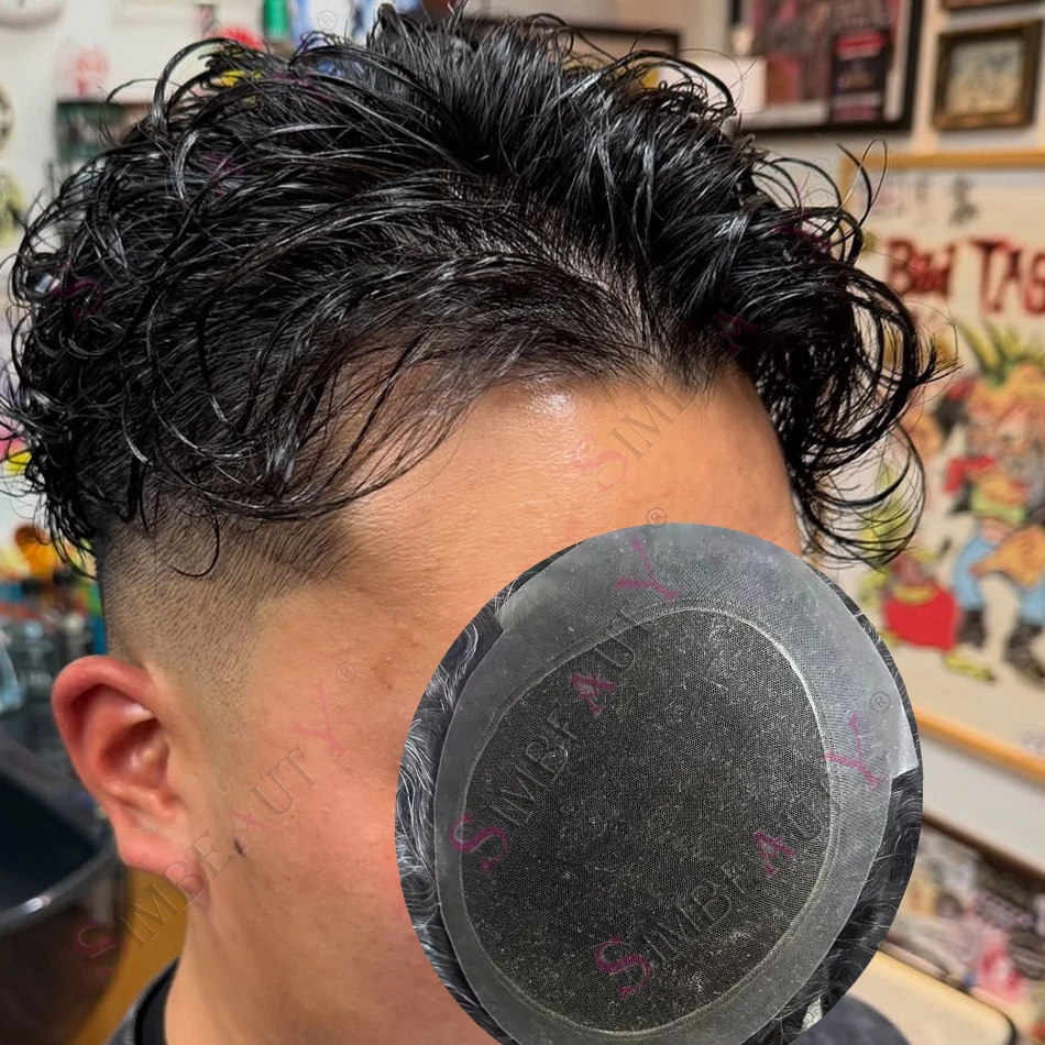 

Мужской парик из 100% натуральных волос, дышащий, с кружевной основой и тонким полиуретановым покрытием, коричнево-серый, для замещения волос, для мужчин, черный