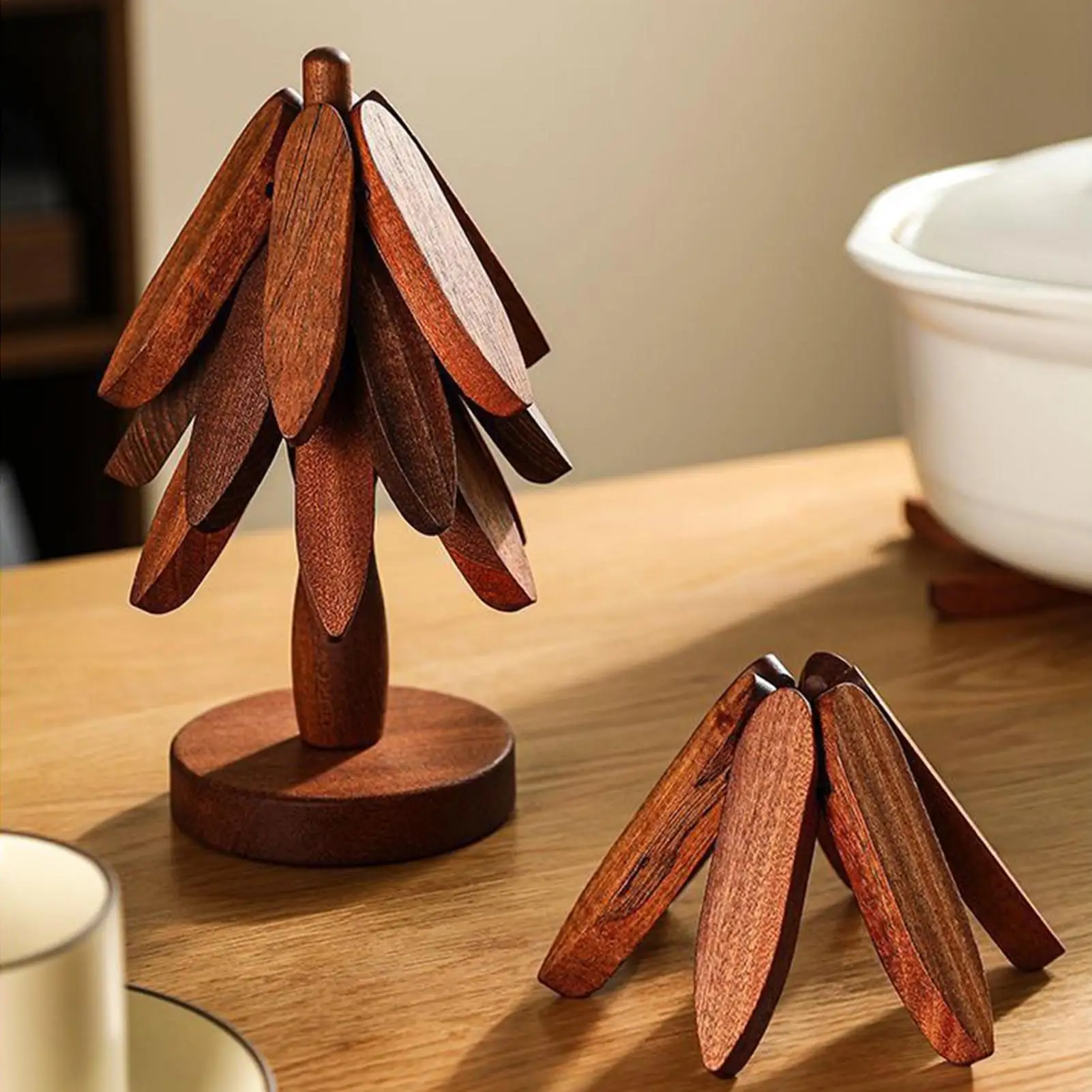 Wooden Placemat Tree Trivet Non-Slip Heat Insulated Cup Coaster Set for Cookware Stove Pan Bowl Teapot Hot Dishes Kitchen Dining