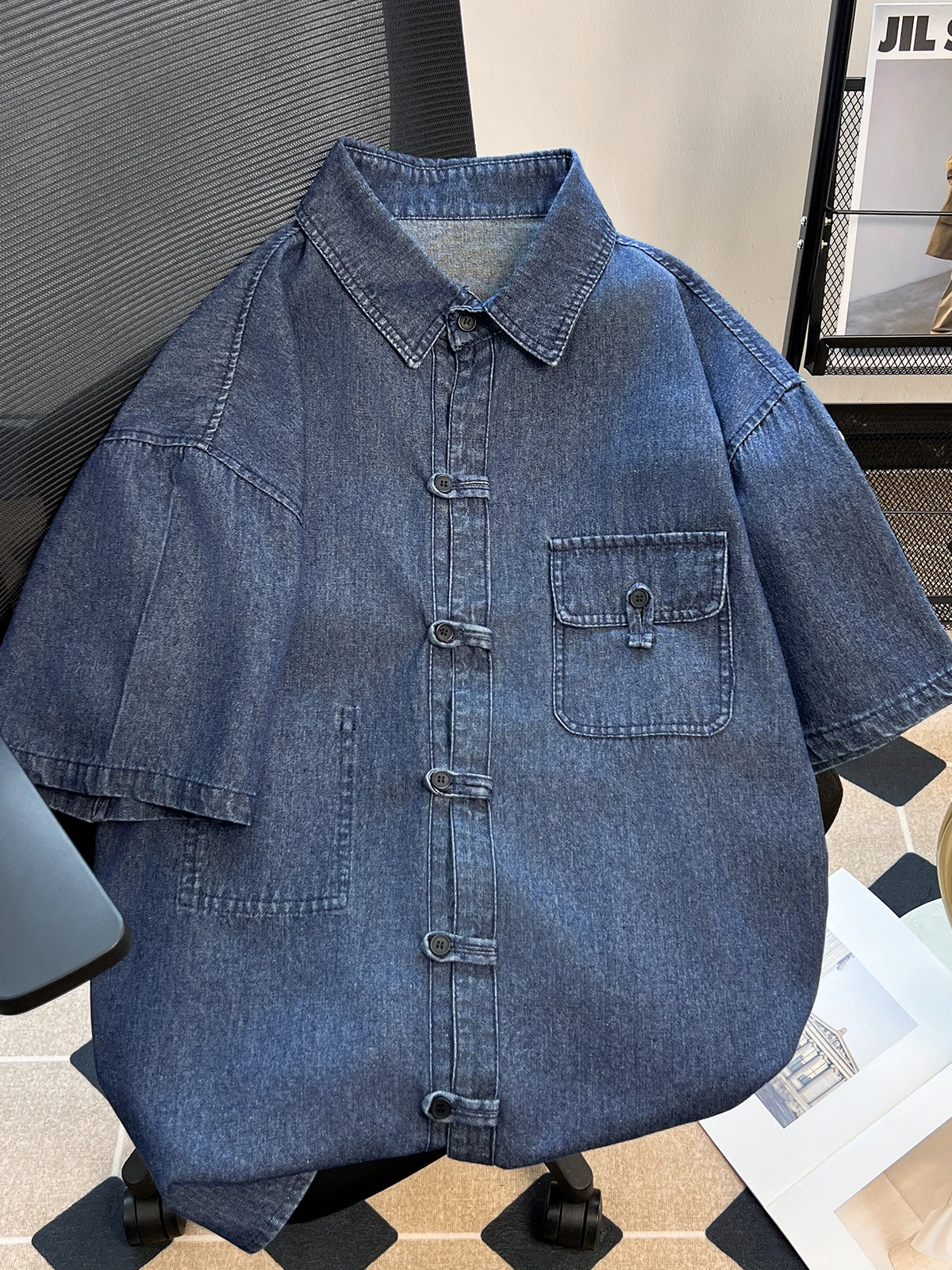 

Summer Thin Denim ort Sve irt Men Casual Trendy Brand Hong Kong Sle Japanese Waed Design Retro irt Loose Fit But...