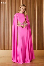 Bella Hot Pink Satin Prom Dresses Backless Long Shawl Wedding Dress Elegant Sleeveless Floor-Length Vestidos De Fiesta 2024