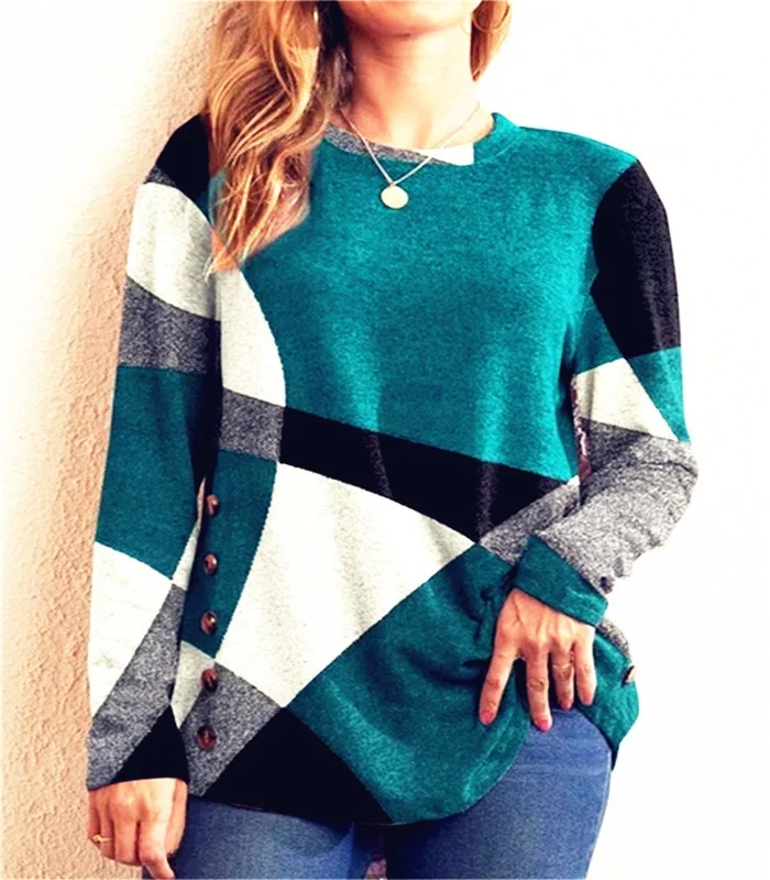 2023 contraste géométrique Long Sve imprimé lâche t-shirt bouton détail automne Faion femmes Dr Sli tenue décontracté