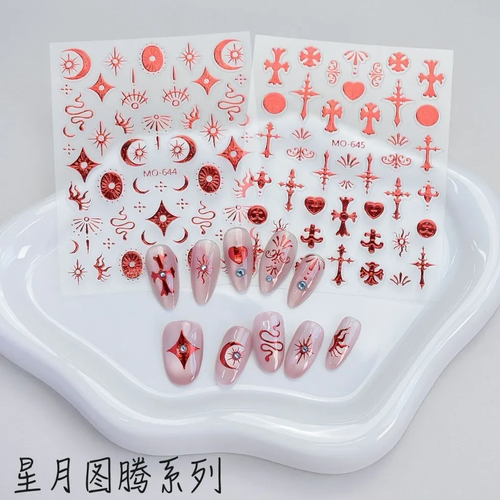 

Vintage Foil Embossed Star Moon Snake Cross Nail Stickers 3D Totem Design Self Adhesive Waterproof for Daily Use