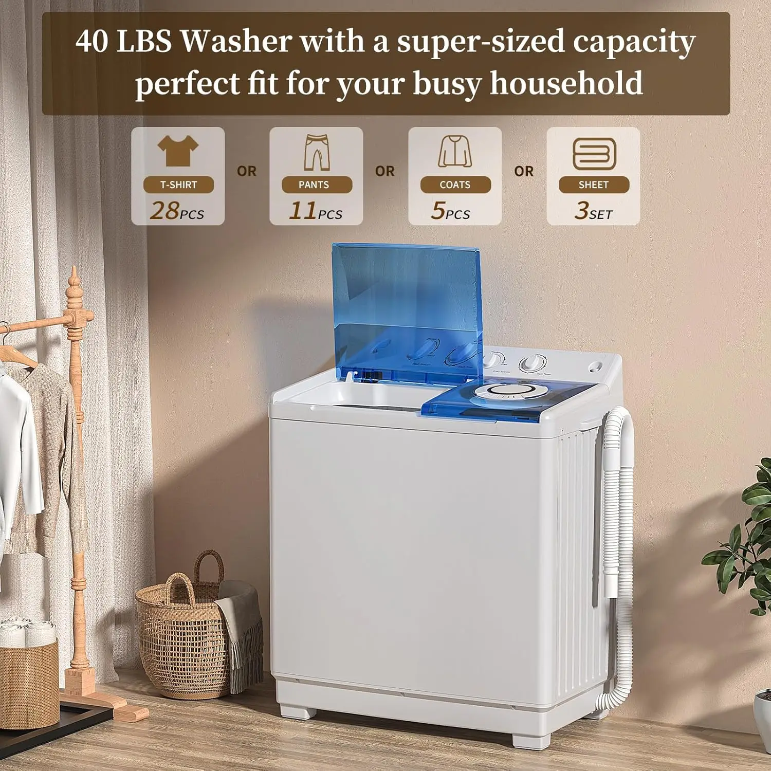 Machine, Twin Tub Washing Machine Laundry Compact Washer spinner Combo with 40lbs capacity, 24Lbs Washer and 16Lbs Spinner dryer