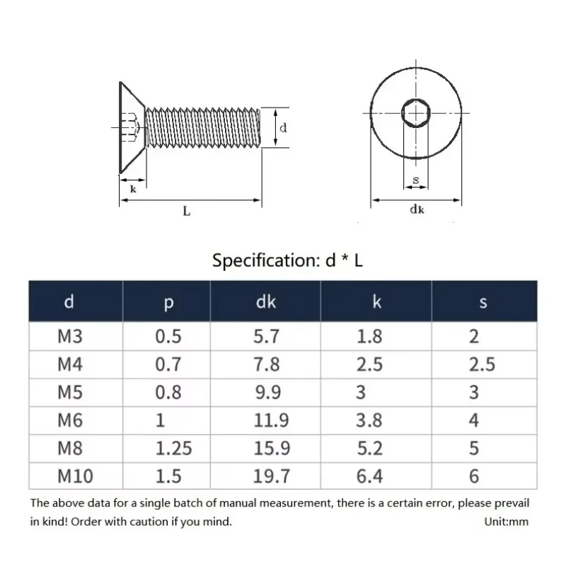 M3 M4 M5 M6  304 Stianless Steel 500h Passivation Salt Spray Hex Socket Screw Countersunk Flat Bolts