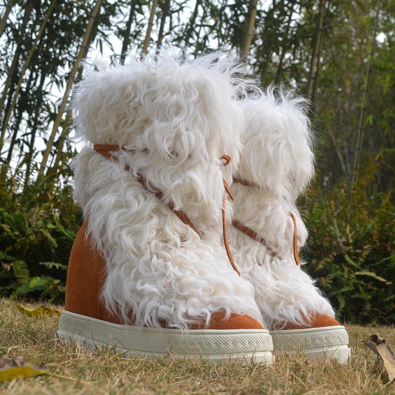 

Warm Winter Curly Wool Fur Snow Boots 10cm inner wedge Height Increasing Ankle Boots Bandage Fur Shoes Woman Short Booties