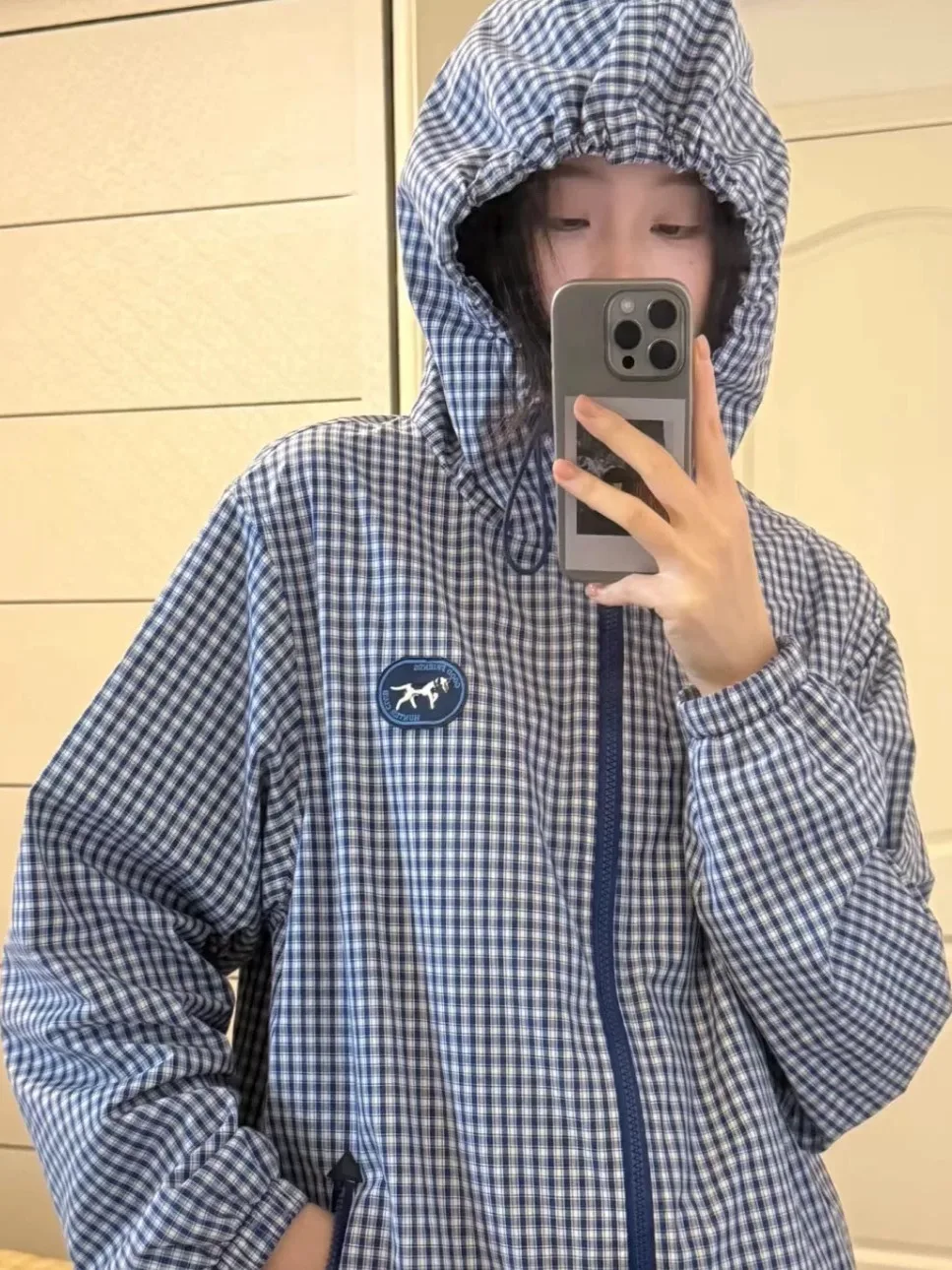 Retro American Embroidered Plaid Jacket Women's Spring Autumn Loose Casual All-Match Hooded Sun Protection Windbreaker