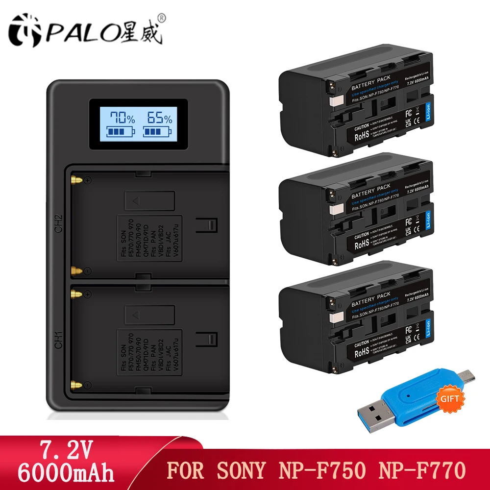 

6000mAh NP-F750 NP-F770 NP F750 F770 Battery for Sony NP F970 F960 F550 F570 QM91D CCD-RV100 TRU47E MC1500C + LCD USB Charger