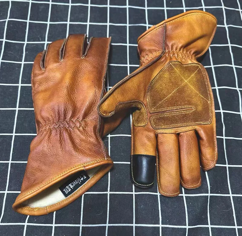 Handmade Vintage Leather Motorcycle Racing Glove Guantes Moto Luvas Full Finger Motocross MTB Biker Gloves Touchscreen Glove