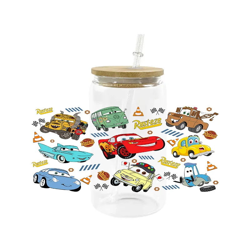 Miniso 3D Cartoon Cars Decal 16oz UV DTF Cup Wrap Transfers Stickers Racing Washable Custom Logo DIY Mug Sticker