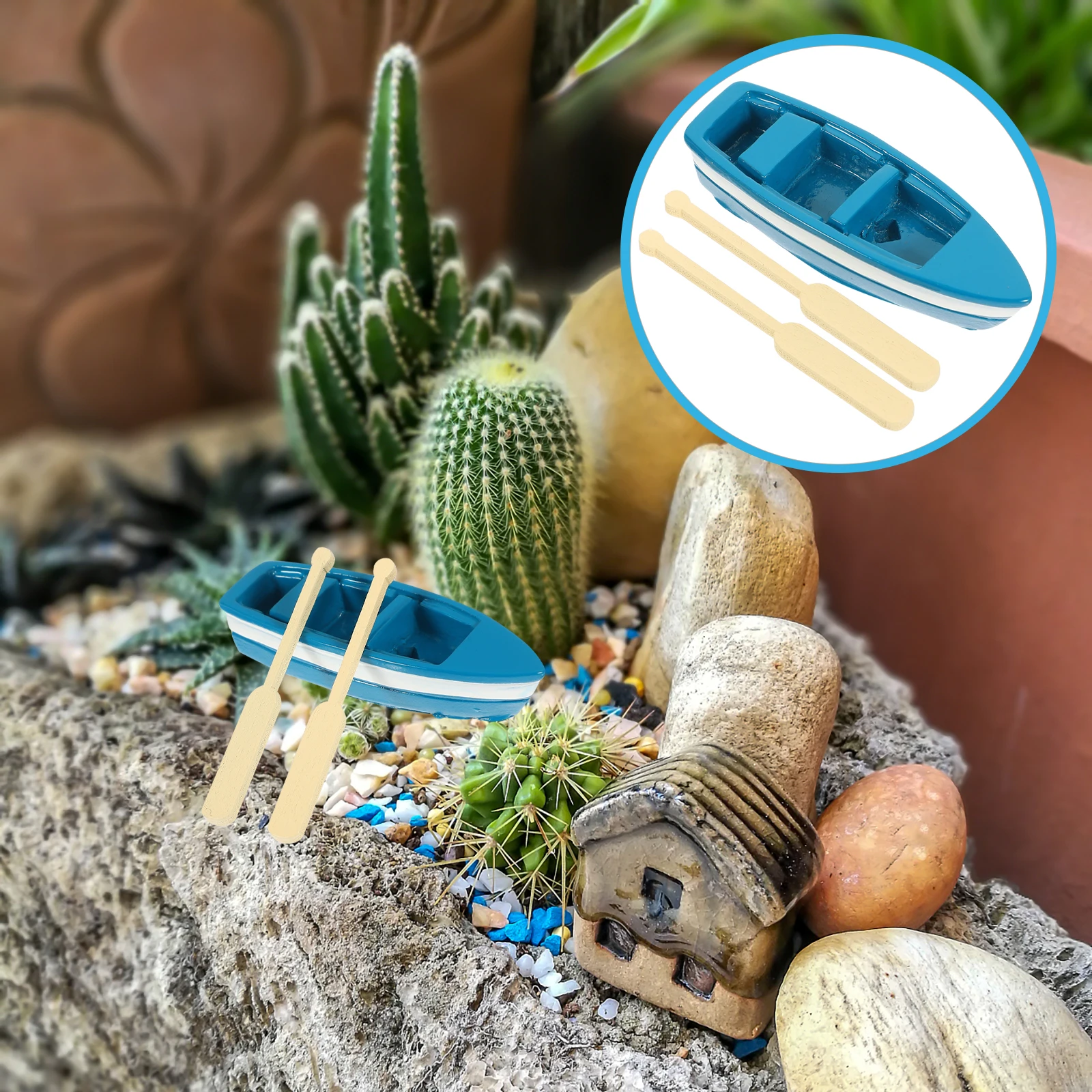 

6 Sets Mini Boat with Paddles Micro Landscape Oar Decoration Wooden Blue Resin Miniature