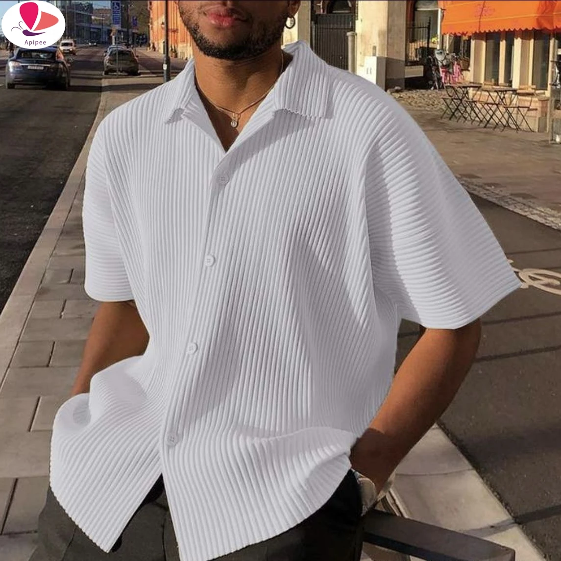 

APIPEE Casual Simple New Men's Solid Blouse Streetwear Male Loose Comfortable Pleated Short Sleeve Shirts S-3XL