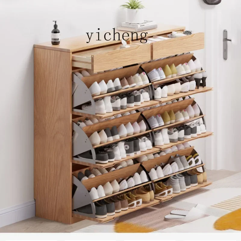 

ZC Solid Wood Oak 1 M 1.2-1.4 M Large Capacity Walnut Color Simple Tilting Shoe Cabinet