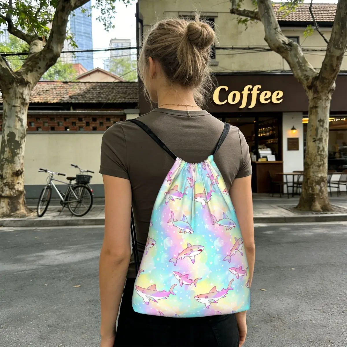 Colorful Cartoon Shark Pattern Backpacks Portable Drawstring Bags Sundries Bag Book Bags for Travel Students