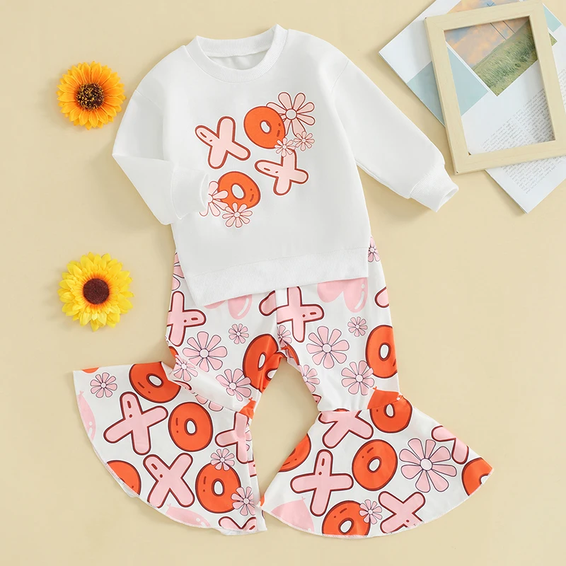 Toddler Girls Autumn Pants Sets White Long Sleeve Crewneck Sweatshirt Floral Donut Print Flared Pants Sets