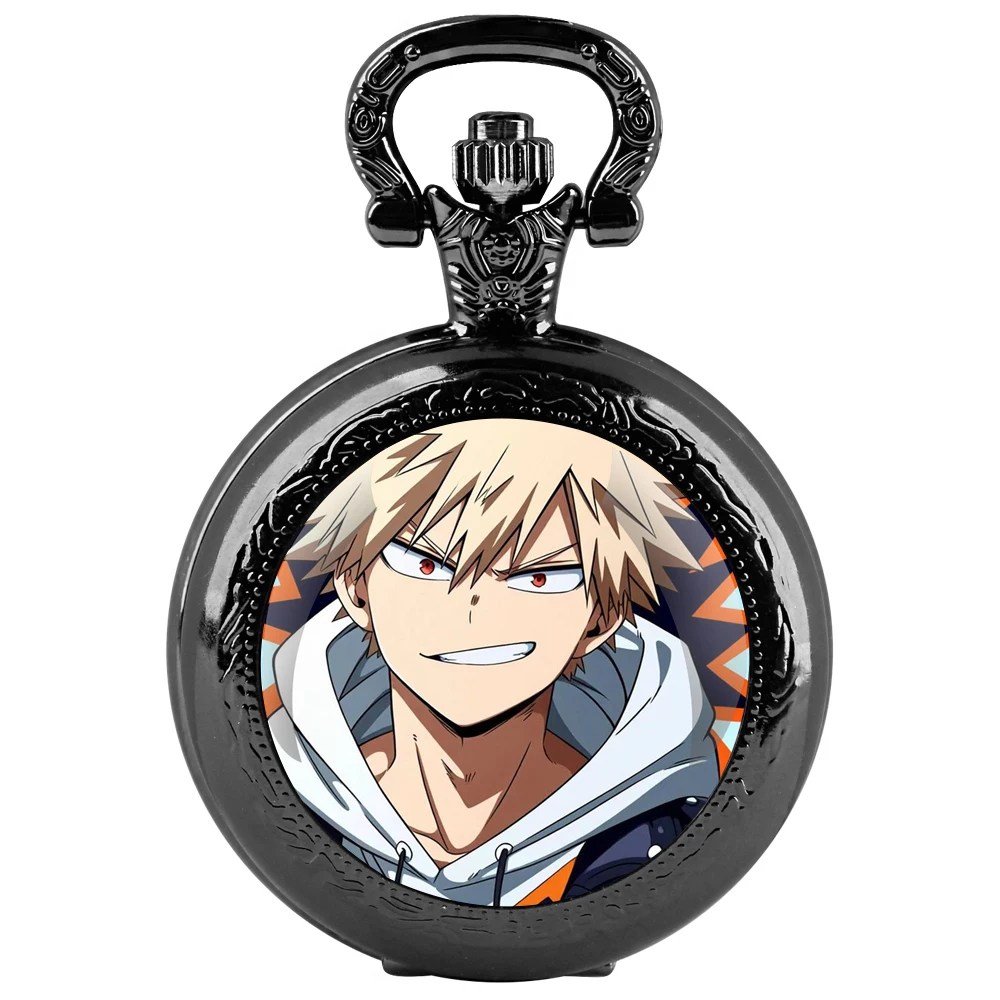 ساعة جيب كوارتز سوداء على شكل قبة زجاجية من ماي هيرو أكاديميا مع قرص أرقام عربية وسلسلة متينة هدية كلاسيكية للرجال والنساء