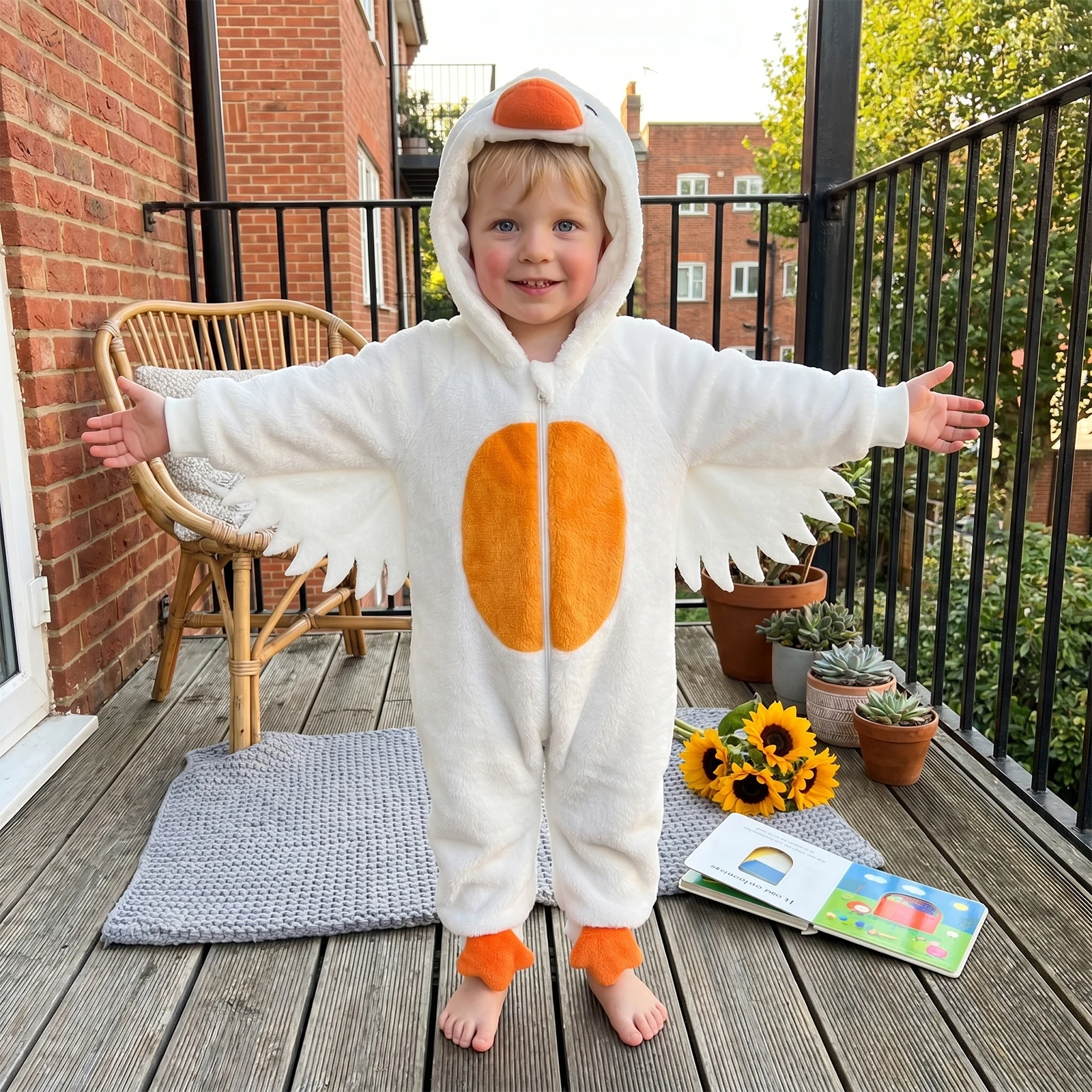 2027Winter Toddler Baby Plush White Goose Costume Toddler Long Sleeve Zipper Hooded Jumpsuit with Wings Halloween Cosplay Outfit