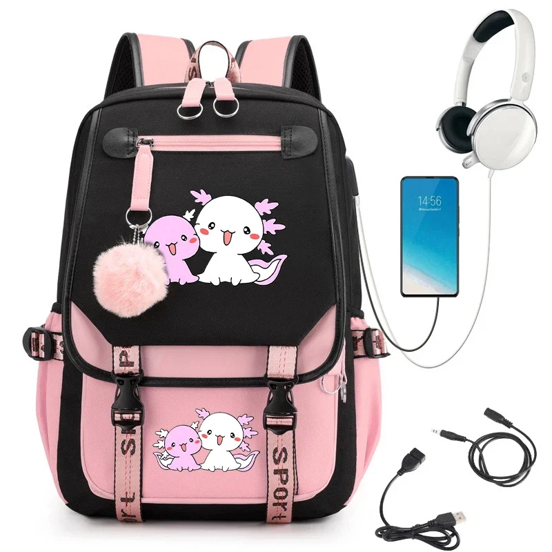 College student school backpack bag cute axolotl kawaii school bags USB charging bagpack travle laptop bookbag primary bookabg