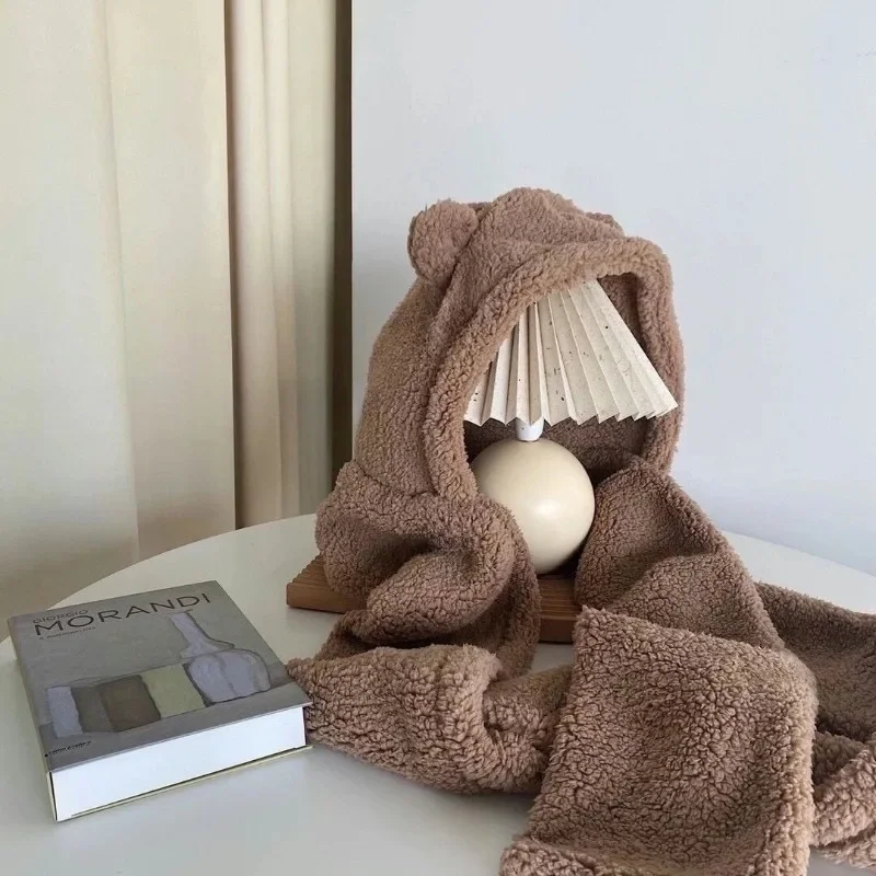  Cute Bear Ear Winter Hat Scarf Gloves Set Women Plush Hooded Thick Warm Windproof 3 in 1 Outdoor Cold Weather Accessory view 5