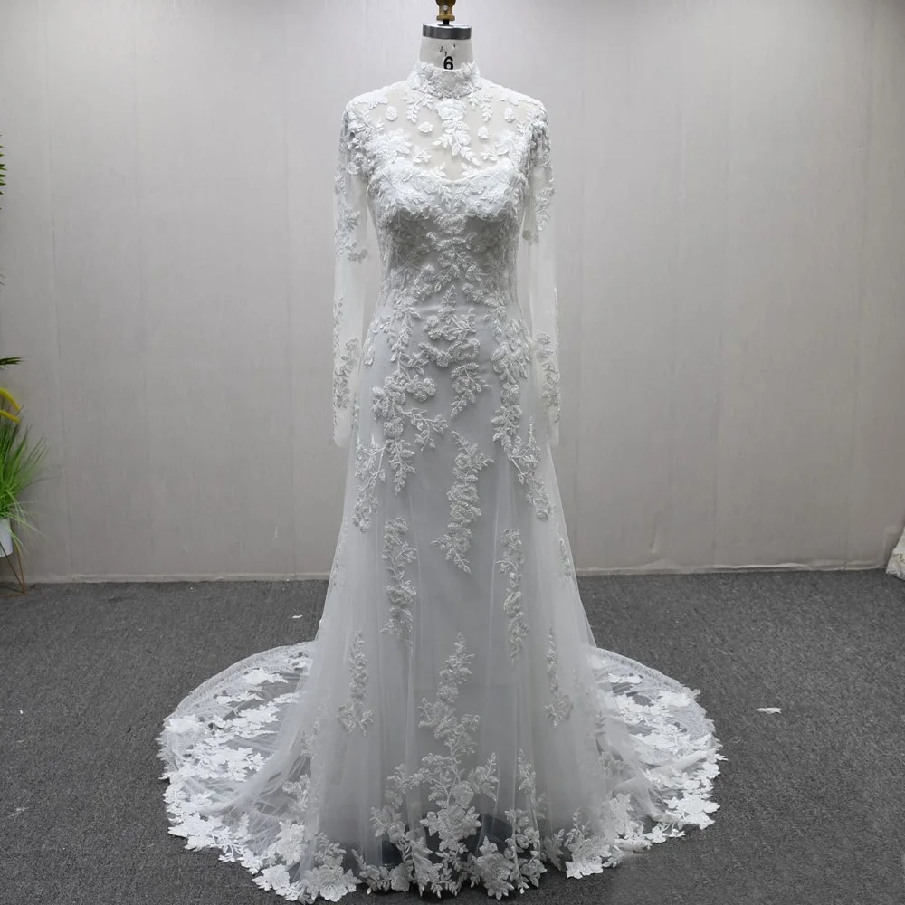 Vestido Boda High Long Sleeve Wedding Dress Appliques Button Back Mermaid Sexy See Through Bridal Dress