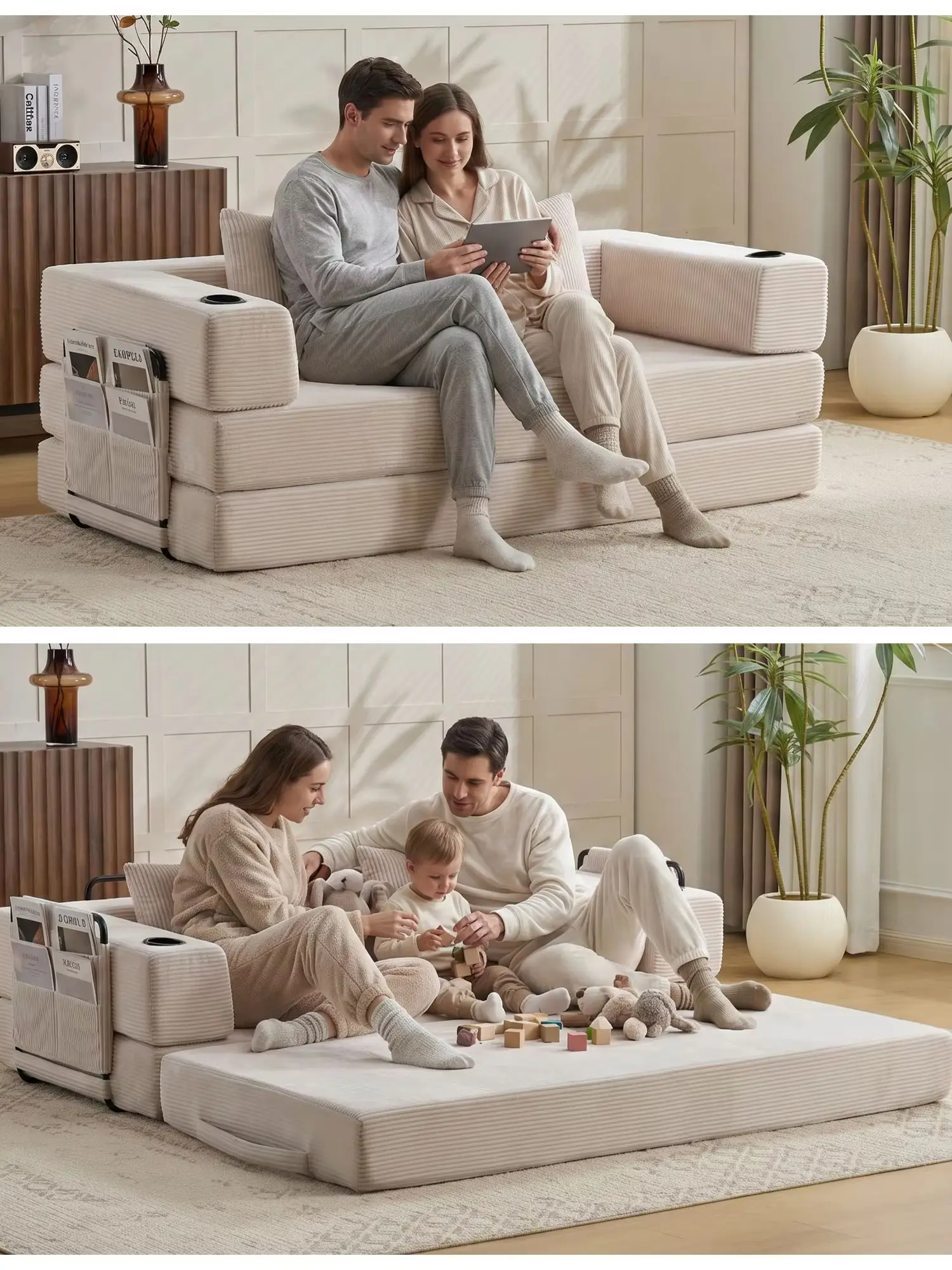 2-in-1 faltbares beiges Cord-Schlafsofa, DIY-freie Kombinationsmöglichkeit, Bodenmatratzen-Couch mit integrierten Getränkehaltern und Aufbewahrungstaschen, ergonomische Rücken-, Taillen- und