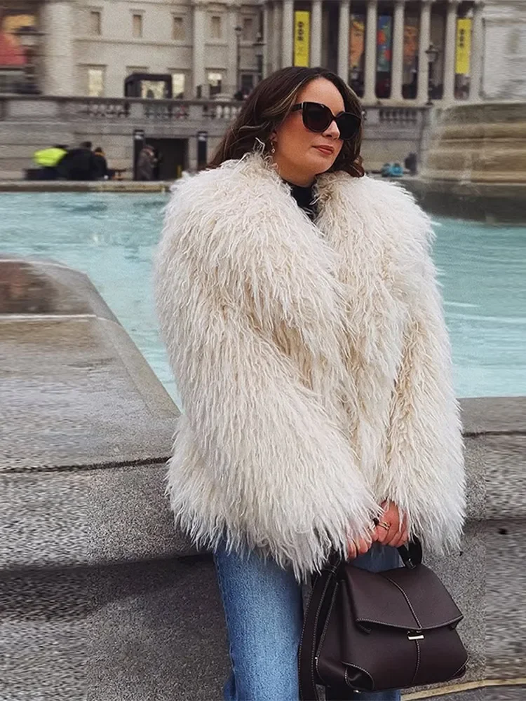 2025 الخريف الشتاء الشارع سيدة فروي معطف دافئ موضة فو الفراء معطف المرأة فضفاضة التلبيب كم كامل رقيق معطف قصير #1