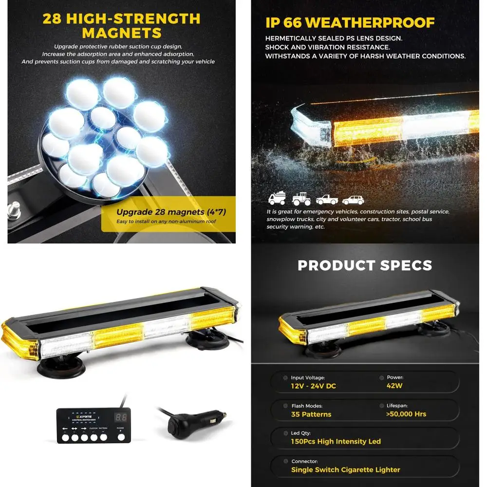 

150W Rooftop Strobe Light Bar with Control Panel, Magnetic Base, Warning Beacon for Construction and Postal Vehicles, Snow-White