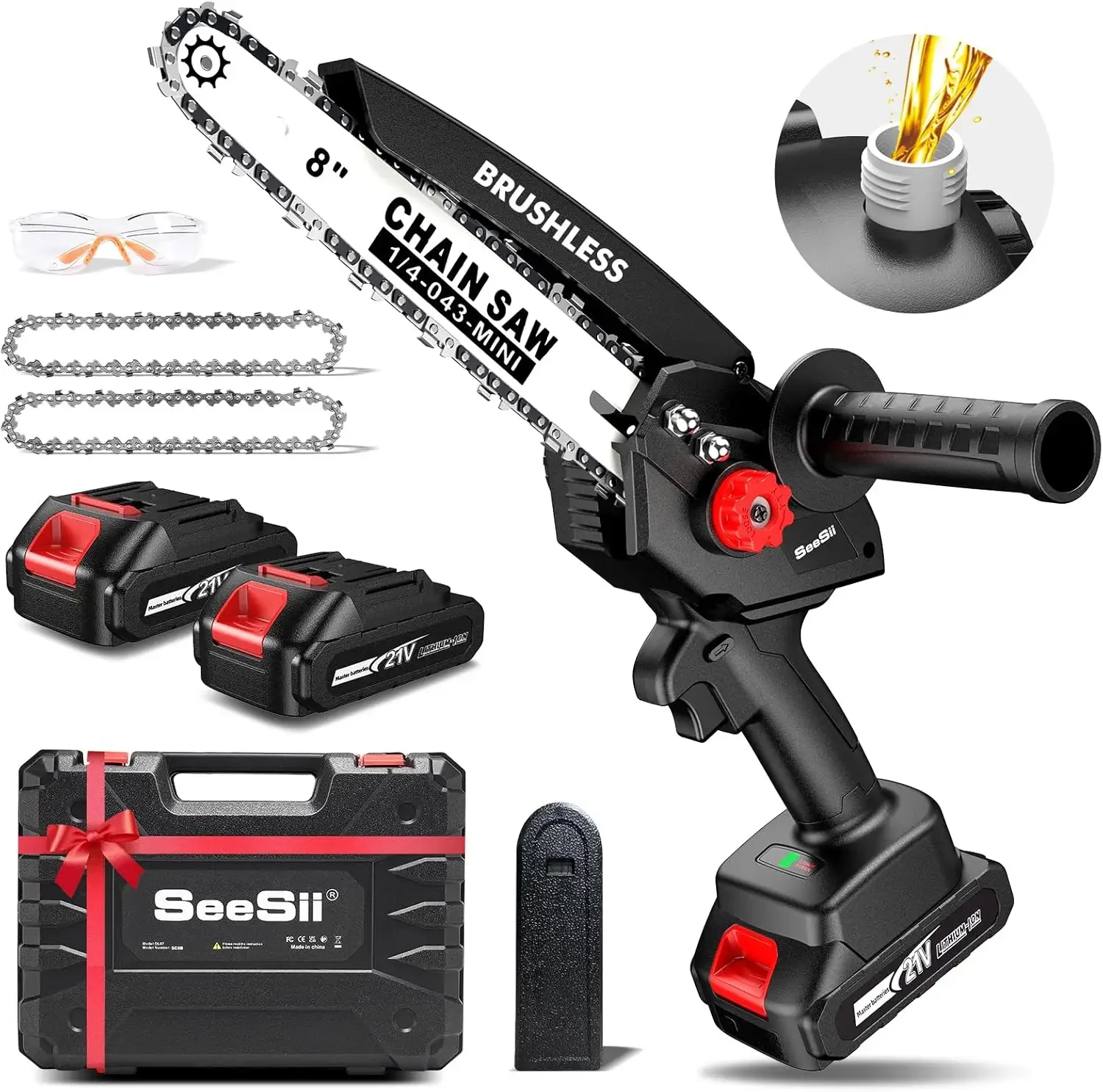 

Seesii Cordless Mini Chainsaw 8" Electric Chain Saw Brushless Lightweight Auto Oiler 2*2Ah Batteries for Branch Wood Cutting