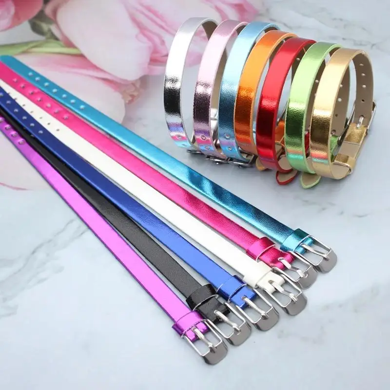 10pcs/lot Metal Smooth PU Leather wristband mix colors 8x210mm fit for 8mm slide charm letters DIY Accessory bracelet