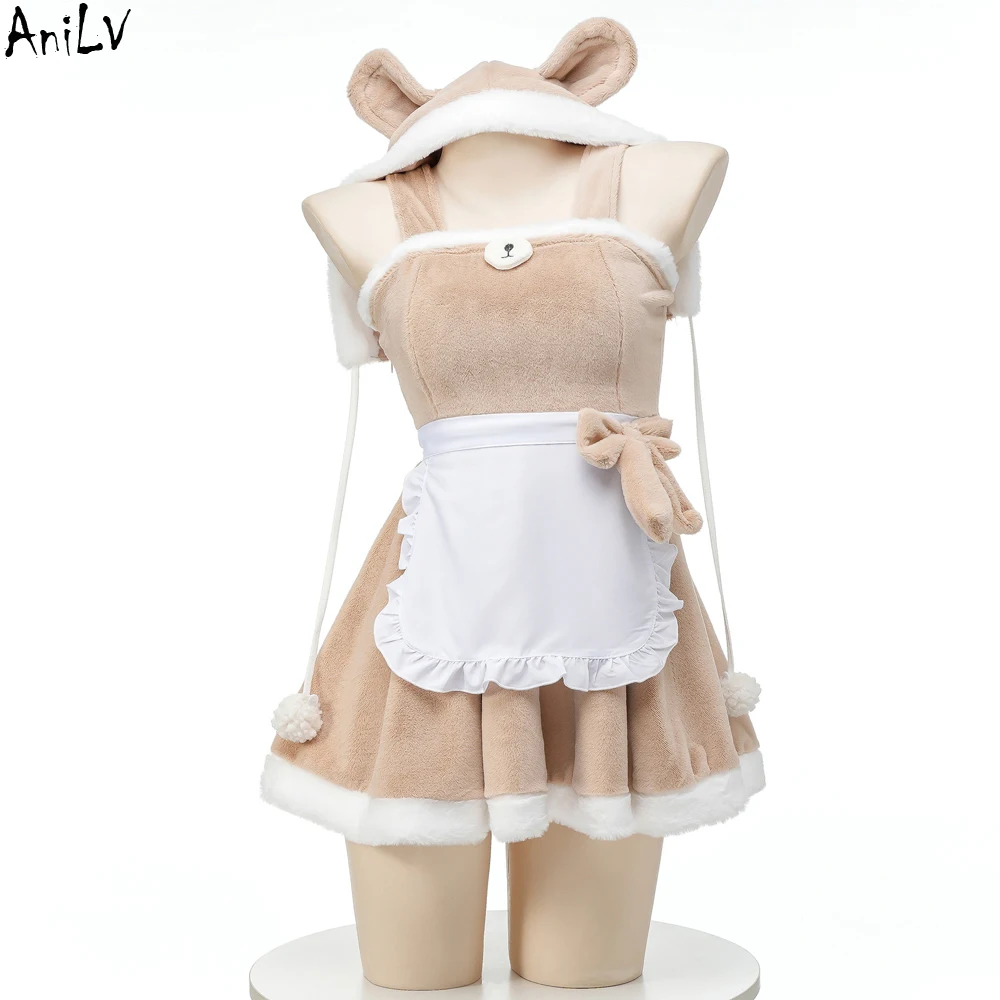 AniLV Kawaii Girl Anime Cute Bear Cape Women Soft Plush Maid Dress Uniform Cosplay Costume Winter Cartoon Nightgown Pajamas