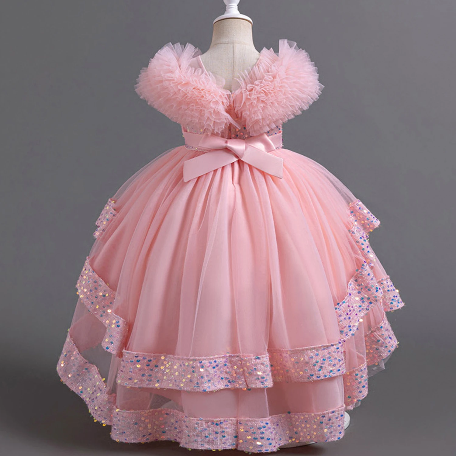 Impresionante vestido alto-bajo de lentejuelas para niñas pequeñas y grandes, vestido de ceremonia de graduación, fiesta de cumpleaños, niña de flores