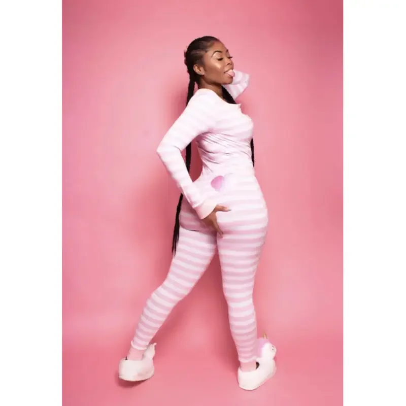 Women Long Sleeve Bodysuit Slim Fit Top Autumn Spring Gray Pink Striped Leotard Jumpsuit Fashion Female Bodycon Long Trousers