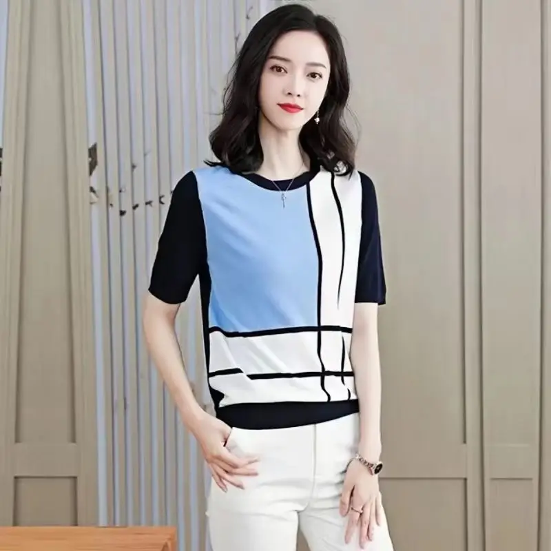 Ice knitted short-sleeved T-shirt women\'s summer new Korean version of thin paragraph loose thin color coat undershirt