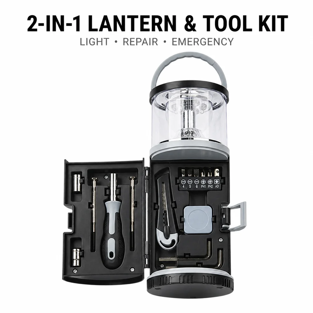 13-Piece Camping Lantern Tool Kit, Portable LED Work Light with Red Emergency Beacon, Screwdrivers, Tape Measure for Home Car RV