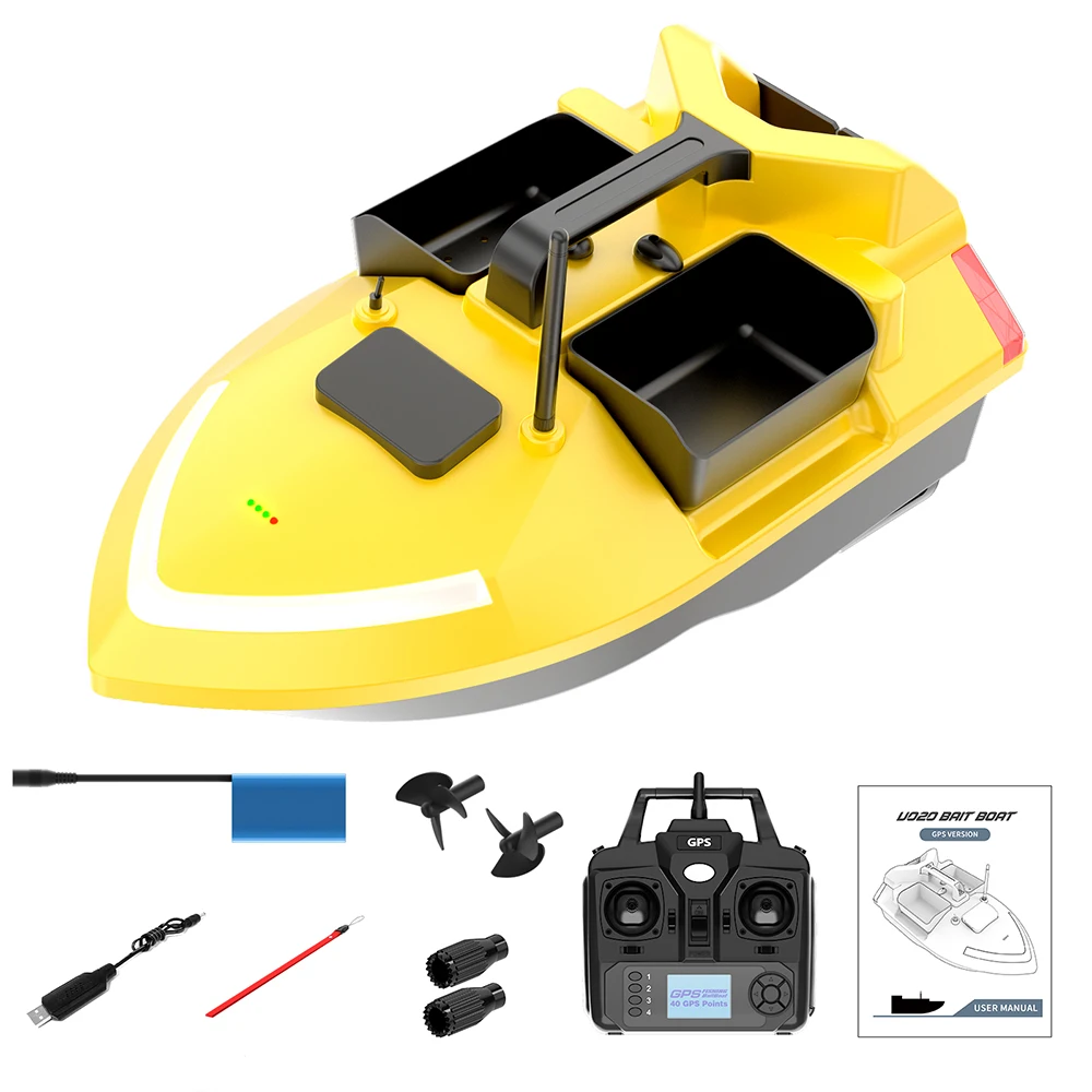 Barco de isca de pesca gps v020, 500m, barco de isca com controle remoto, motor duplo, localizador de peixes, suporte automático, cruzeiro/retorno/corretição de rota