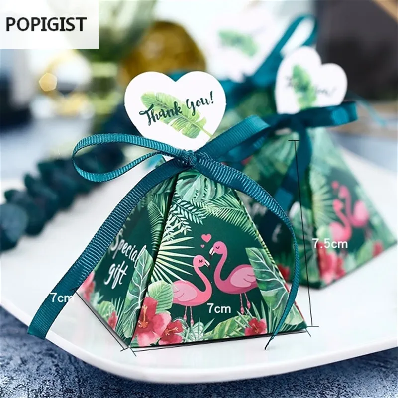 Floral Green Flamingo Triangular Pyramid Wedding Favors Candy Boxes Bridal Shower Party Gift Box Bomboniera Giveaways Box