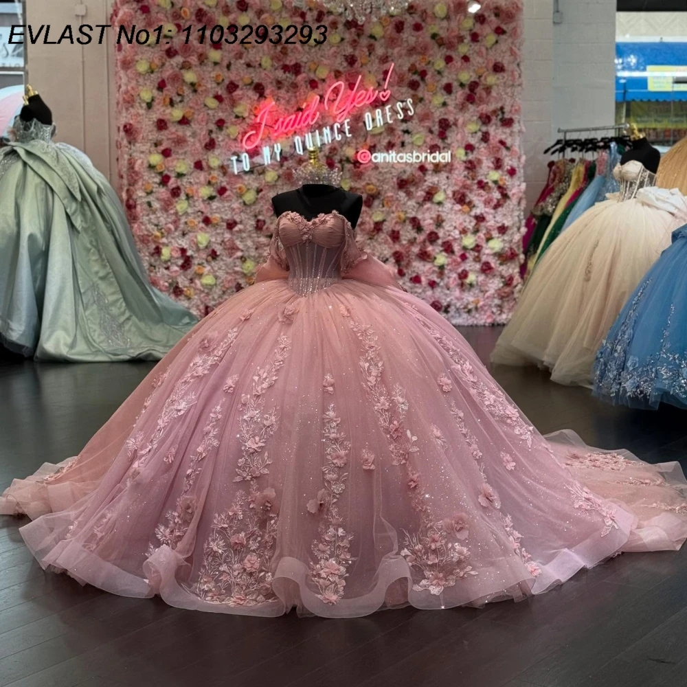 

EVLAST Customized Elegant Pink Ball Gown Quinceanera Dress 3D Floral Applique Beading Bow Sweet 16 Vestidos De 15 Anos E1QN112