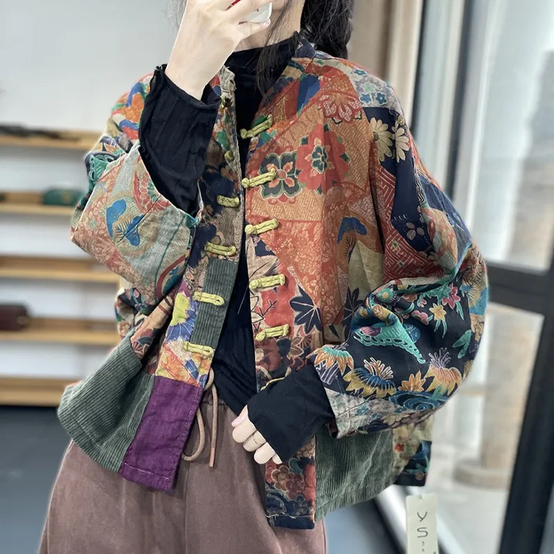 Corduroy Retro Printed Jacket For Women\'s Autumn And Winter 2024 New Cotton And Linen Cardigan for women\'s Chinese Style Button